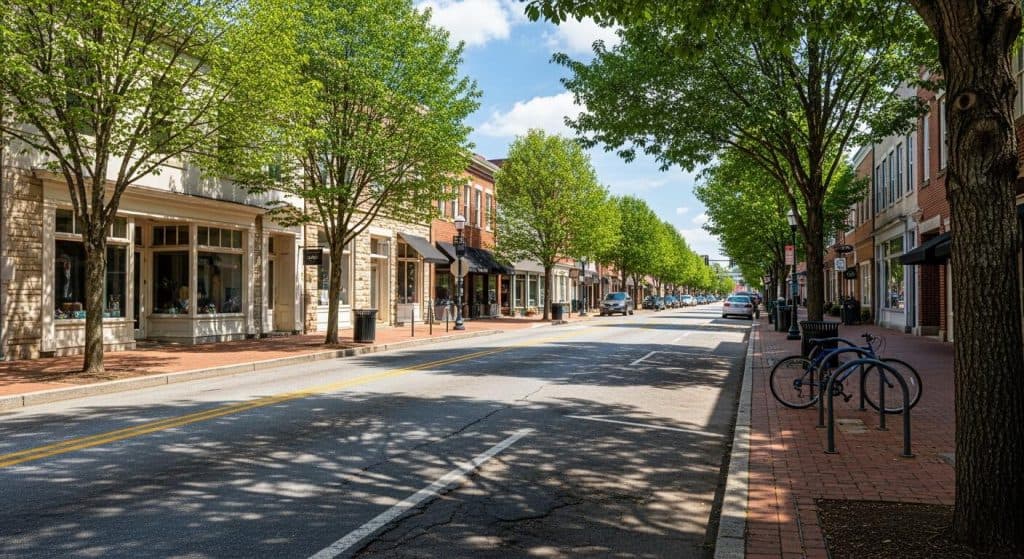 A sunny, tree-lined downtown street featuring brick sidewalks, historic storefronts, and parked bicycles.