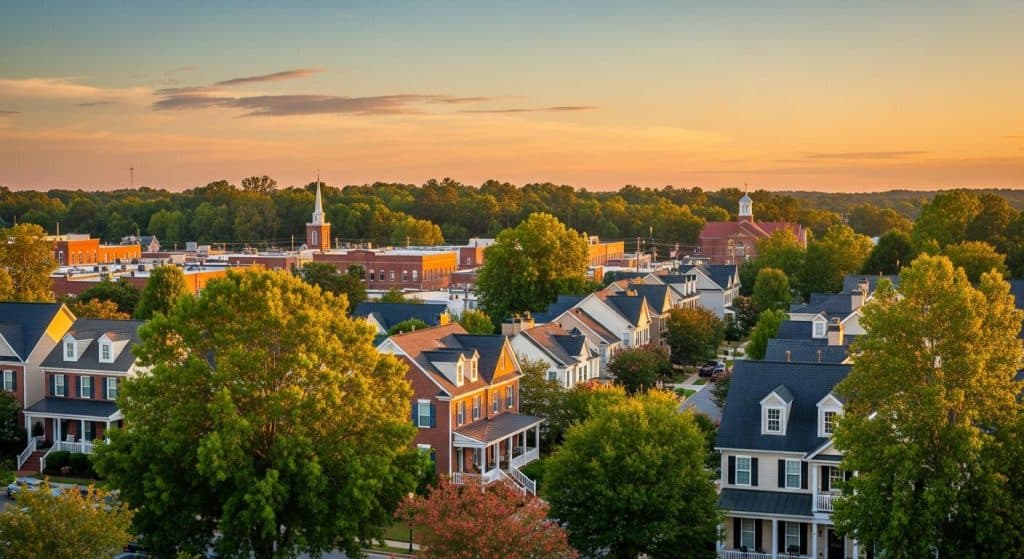 An aerial sunset view of a densely packed, picturesque suburban town center with a church steeple in the distance.
