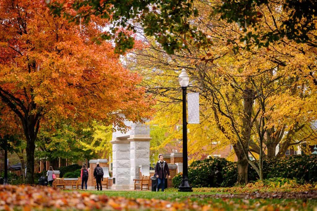 Students walking through a beautiful college campus featuring brick buildings, stone arches, and vibrant yellow and orange fall foliage.