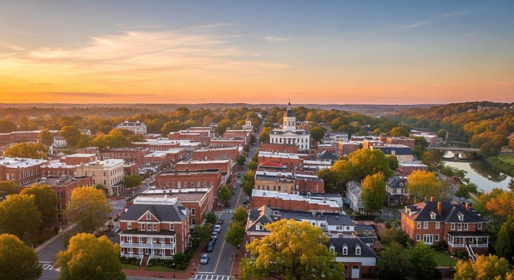 An aerial sunrise view of a historic downtown street leading up to a large white domed building, with a river on the right.