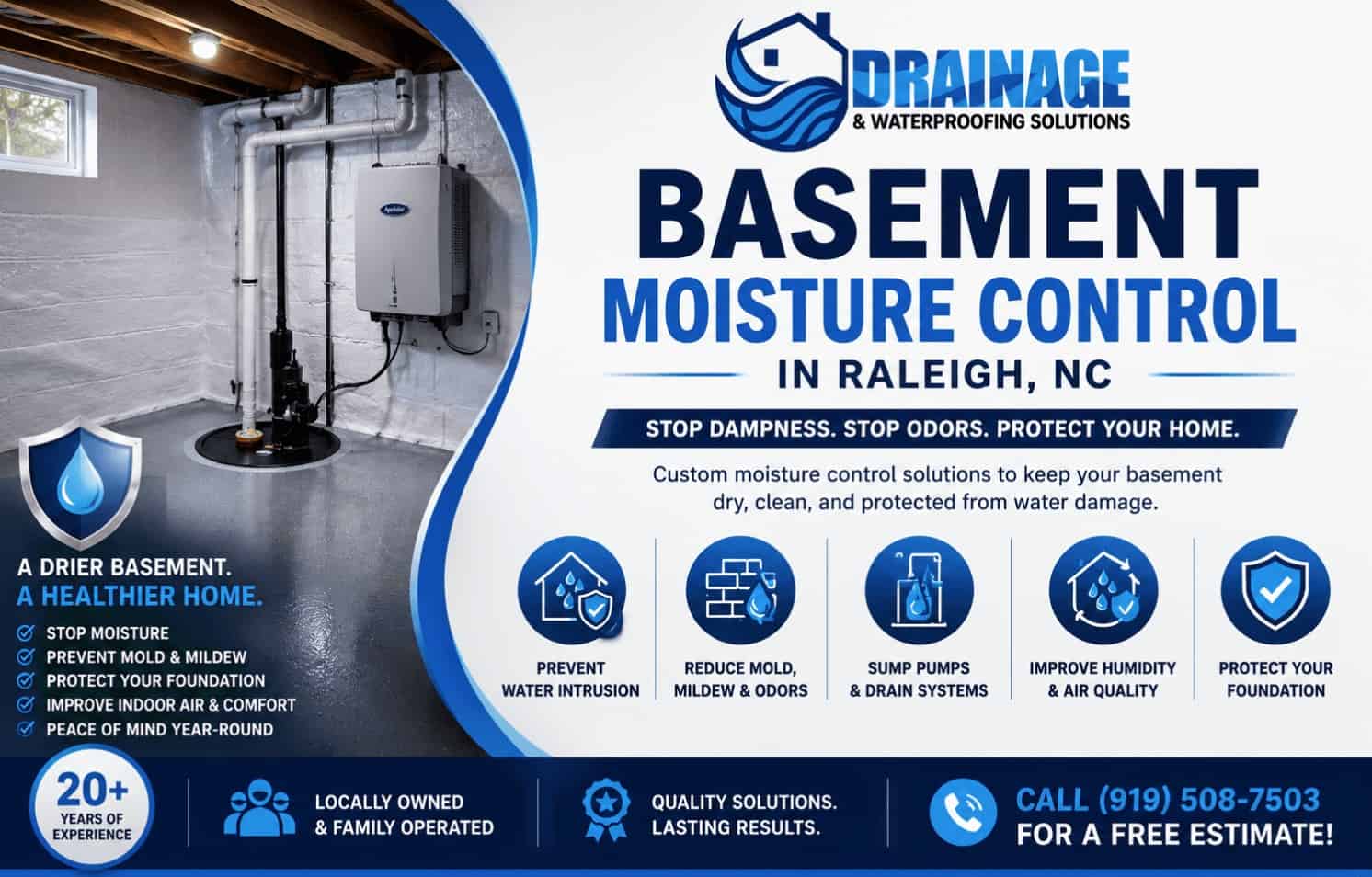 Basement moisture control Raleigh NC by Drainage & Waterproofing Solutions LLC