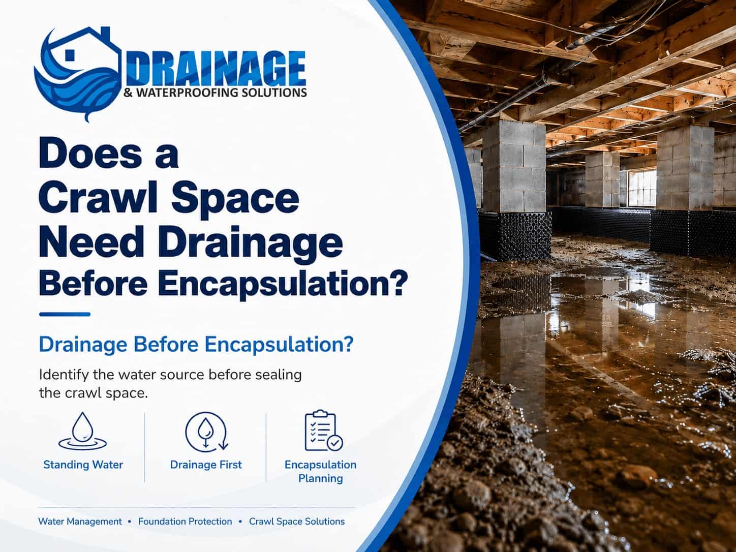 Banner showing standing water in a crawl space with Drainage & Waterproofing Solutions branding and guidance to evaluate drainage before encapsulation. crawl space drainage before encapsulation