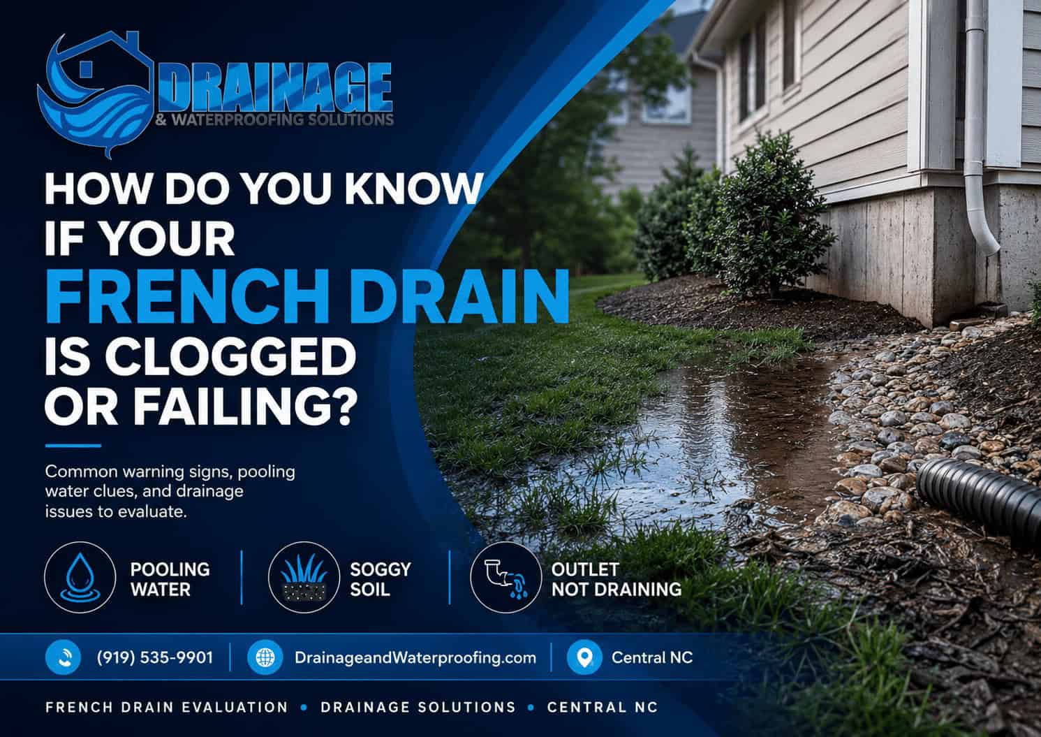Signs Your French Drain Is Clogged. Drainage & Waterproofing Solutions banner showing pooling water, soggy soil, and a French drain near a home as possible signs of a clogged or failing drainage system.
