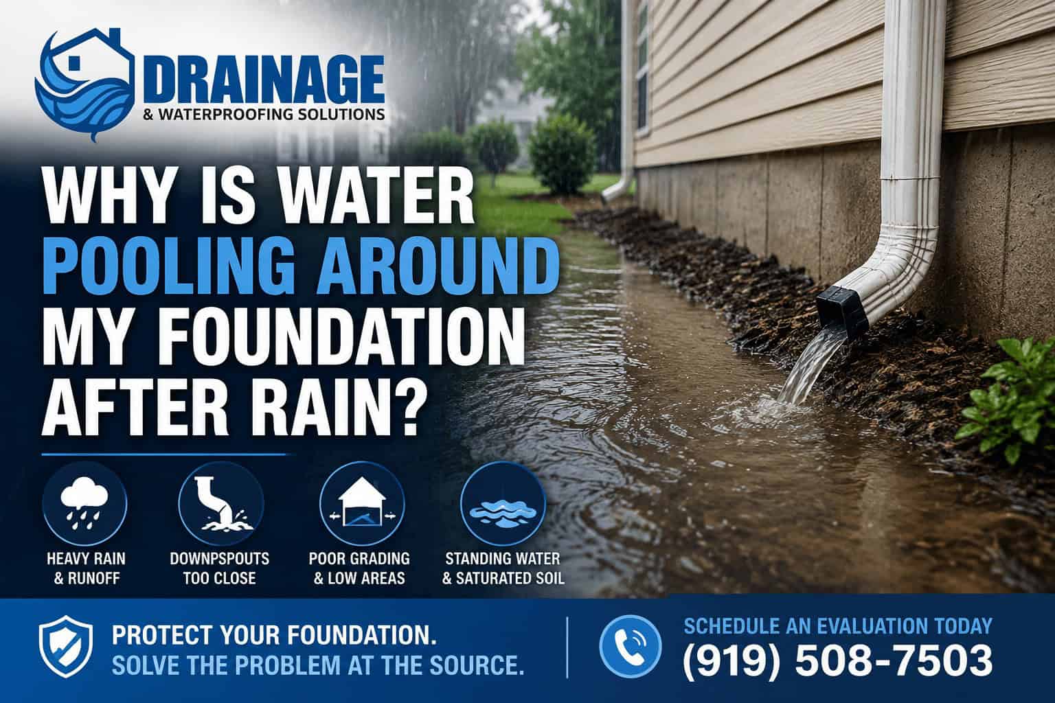 Why Is Water Pooling Around My Foundation After Rain? Drainage & Waterproofing Solutions banner showing rainwater pooling beside a home foundation near a downspout after heavy rain.