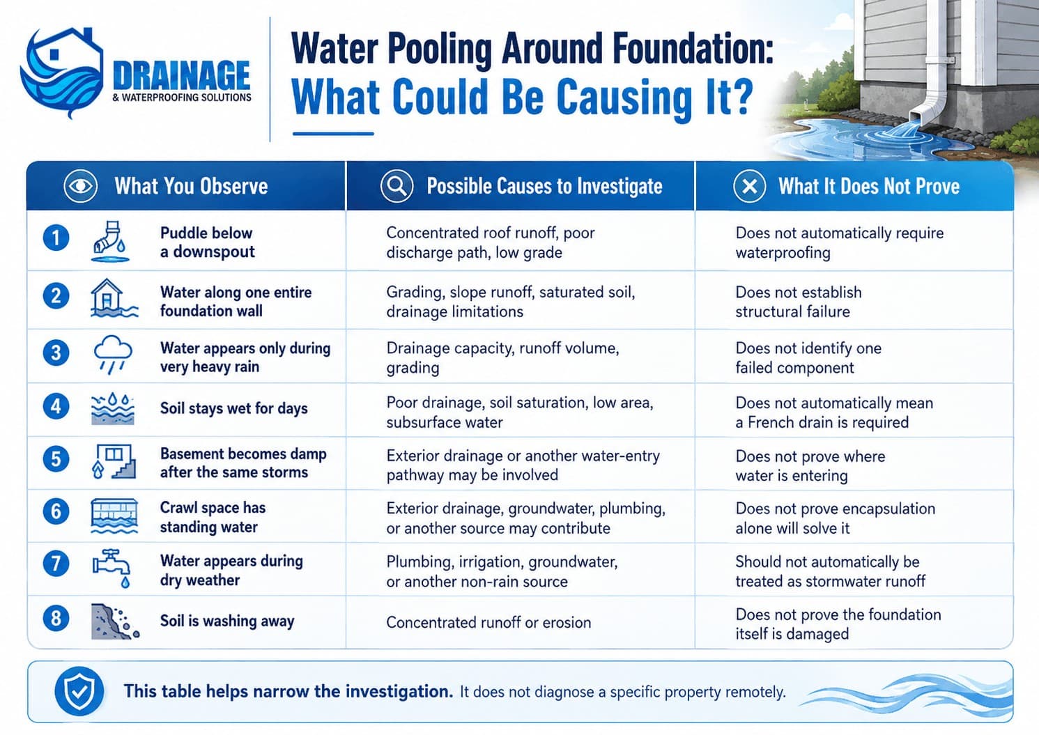 Infographic showing common signs of water pooling around a foundation, possible drainage causes to investigate, and what each symptom does not automatically prove.