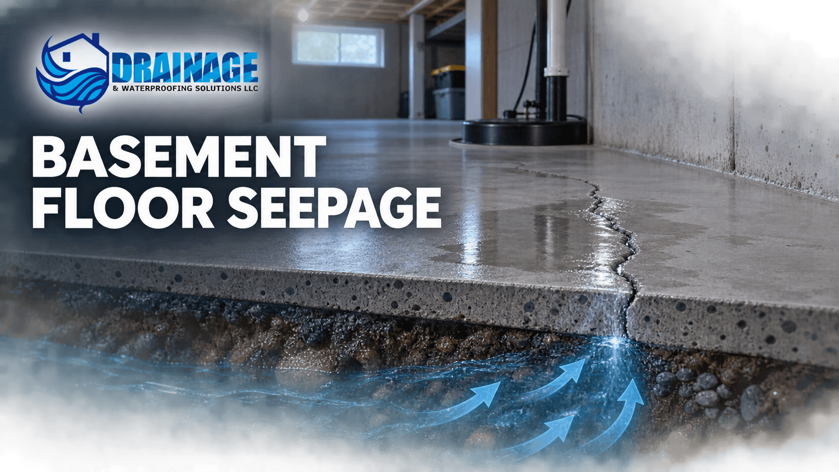 Basement floor seepage through a concrete slab crack with groundwater moving beneath the foundation