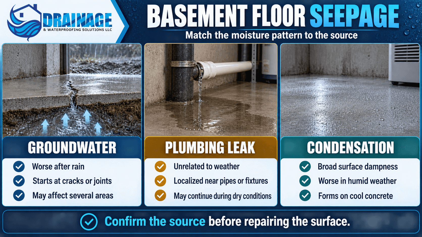 Basement floor seepage infographic comparing groundwater, plumbing leaks and condensation moisture patterns