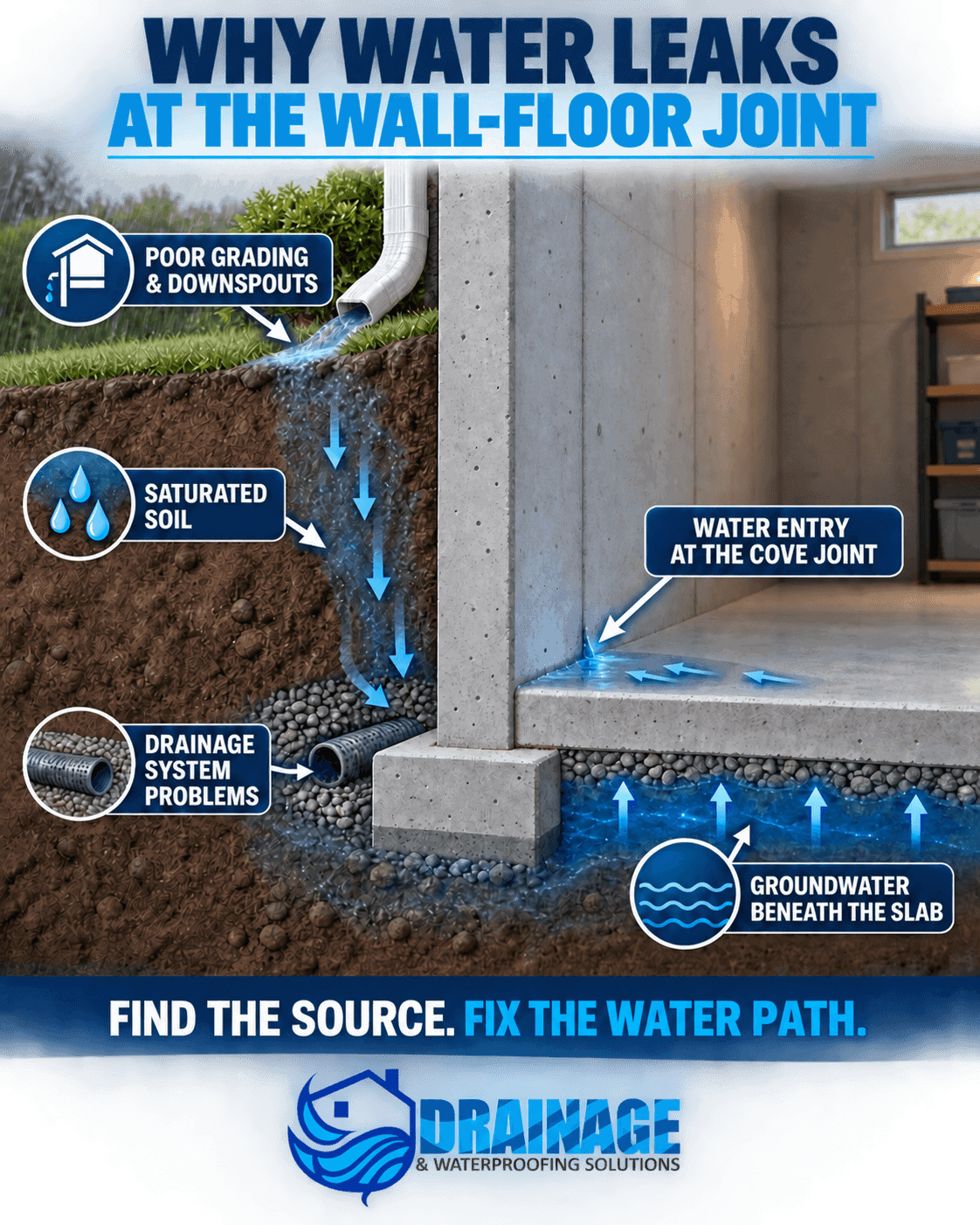 Diagram showing saturated soil, poor grading, drainage problems, and groundwater causing a basement wall-floor joint leak