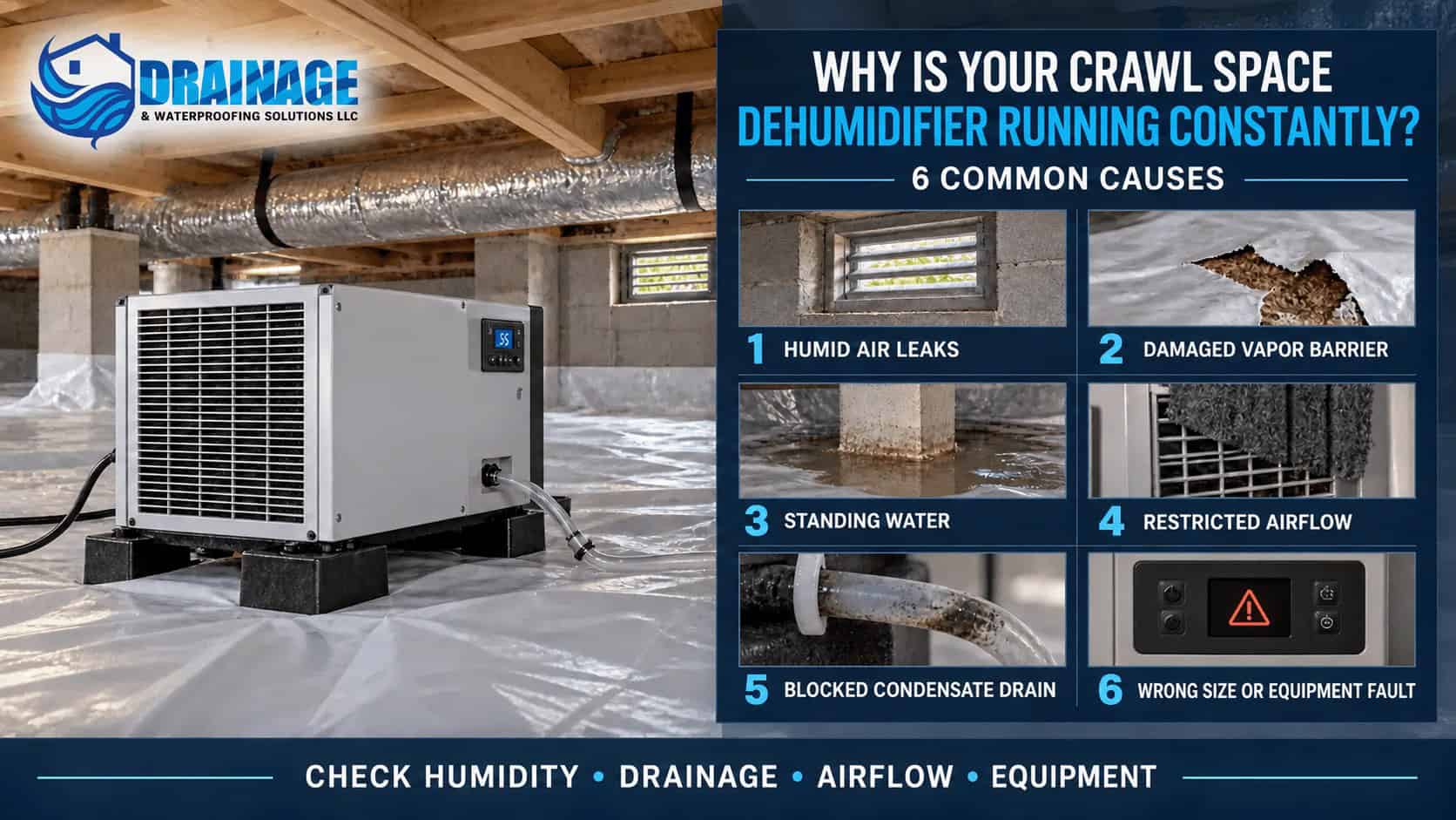 Crawl space dehumidifier running constantly infographic showing six common causes, including humid air leaks and standing water