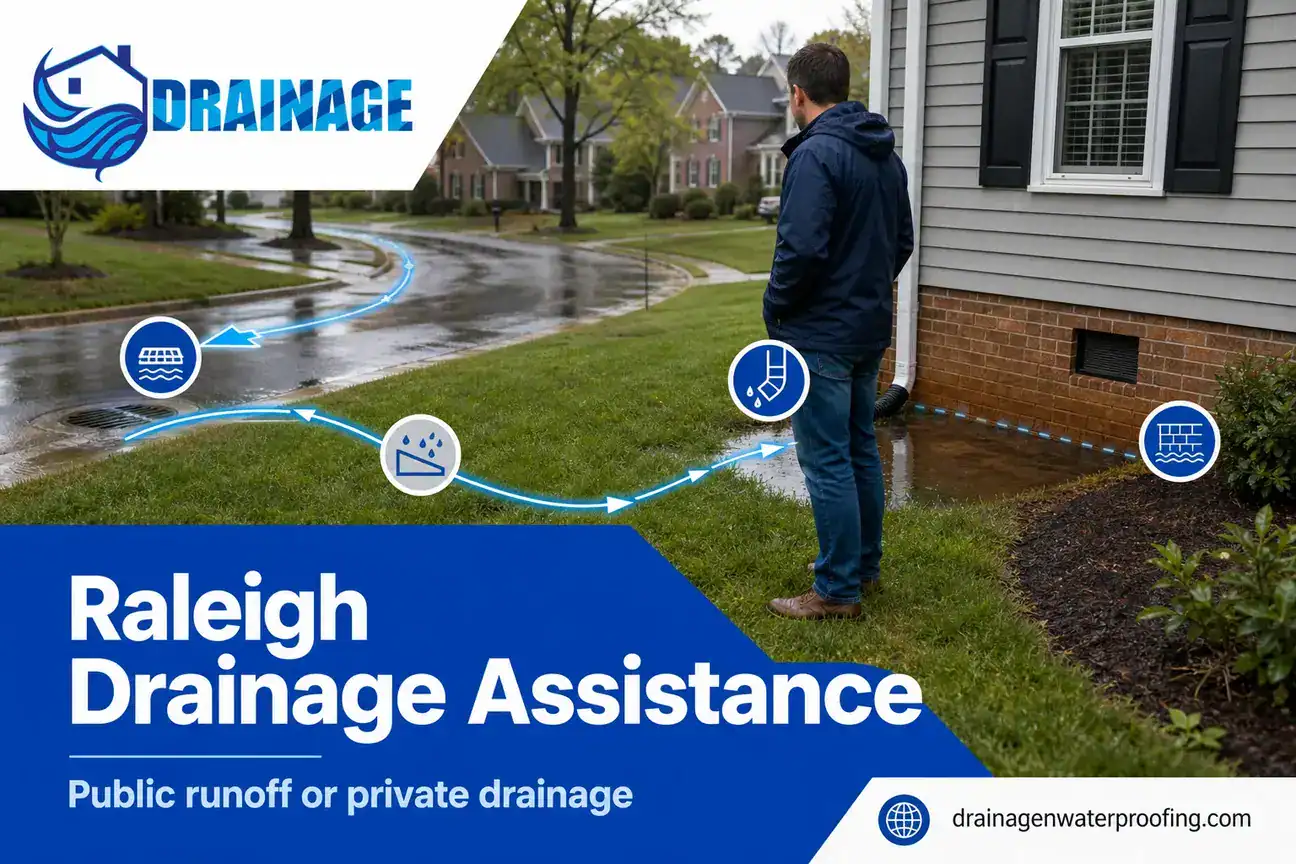Raleigh drainage assistance scene showing a homeowner checking street runoff and foundation pooling after rain.
