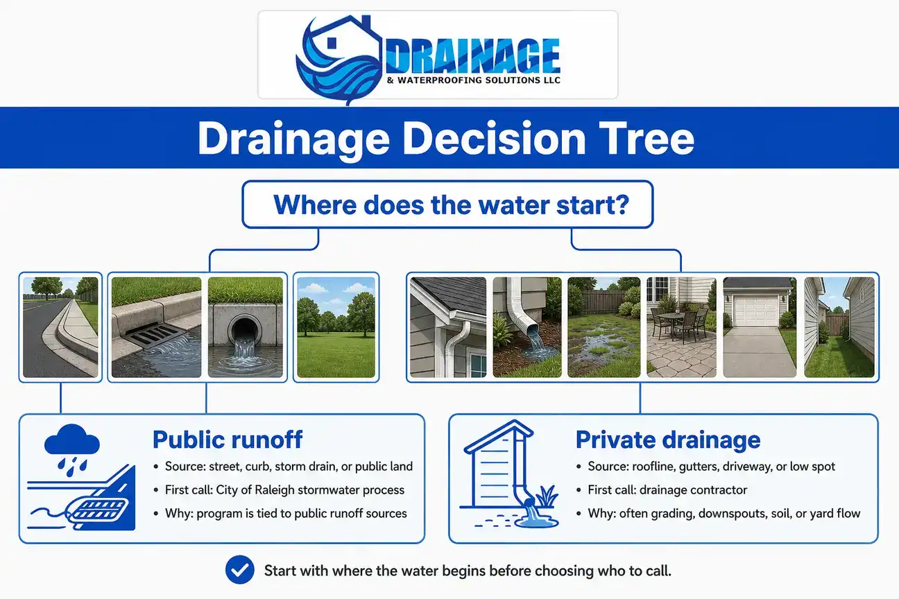 Decision tree comparing public runoff and private drainage sources for Raleigh homeowners.