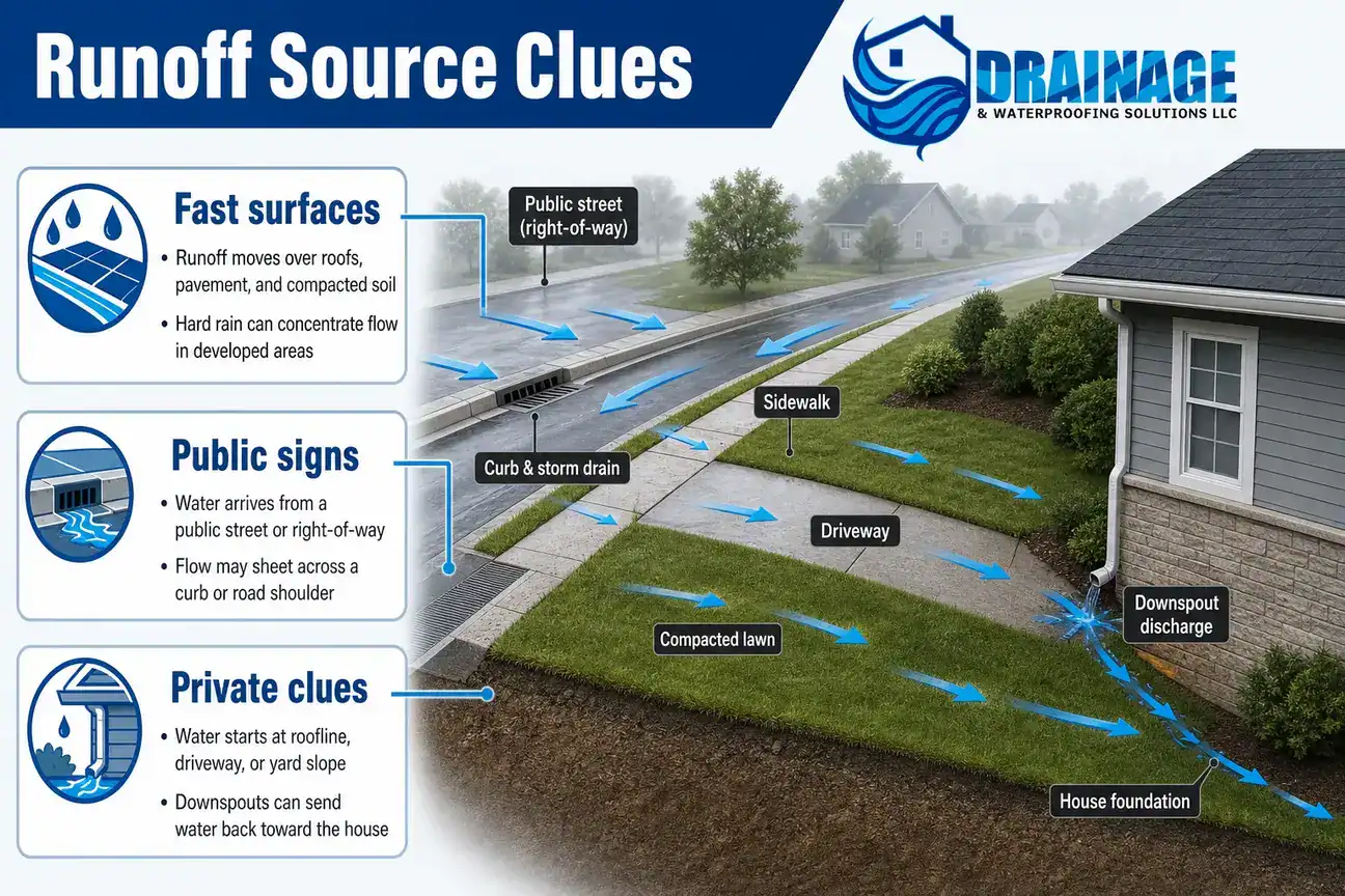 Diagram showing runoff paths from a street, slope, driveway, and downspouts toward a home foundation.