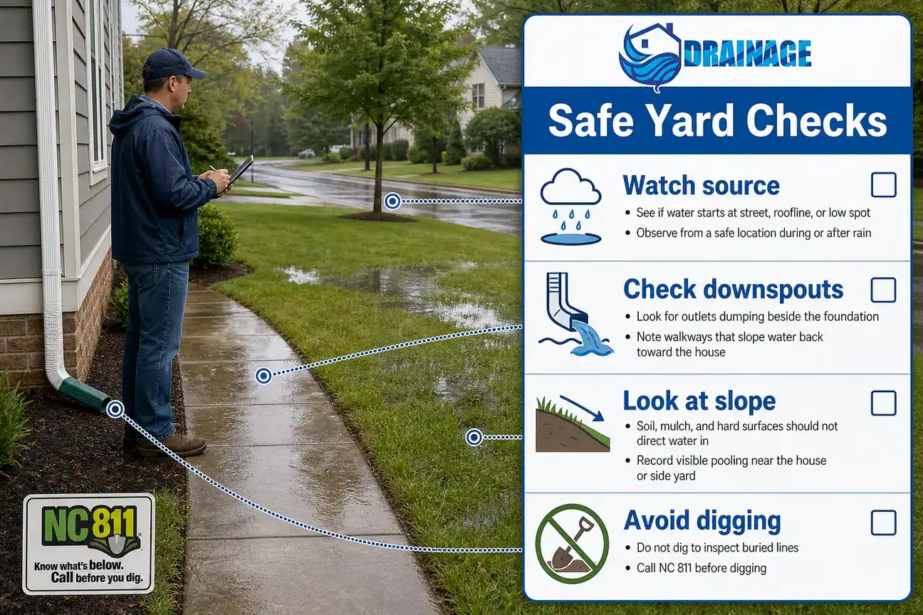 Homeowner checklist for safe yard drainage checks including downspouts, grading, pooling, and NC 811.