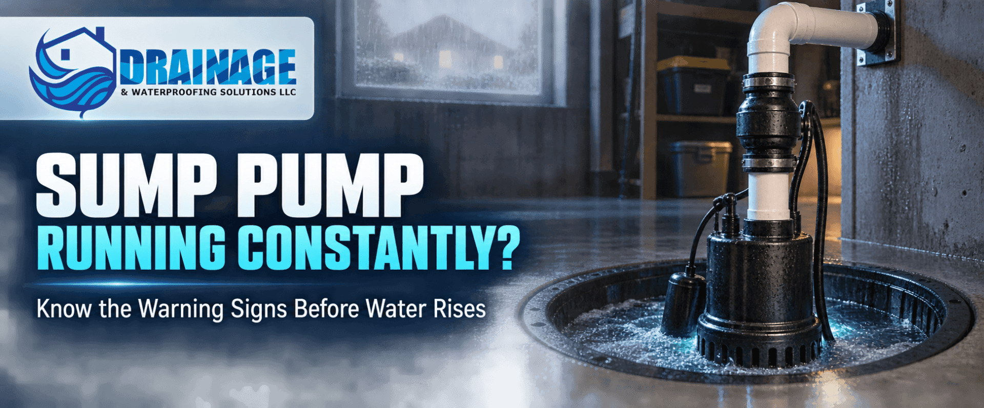 Sump pump running constantly in a basement during heavy rain with water collecting inside the sump basin.