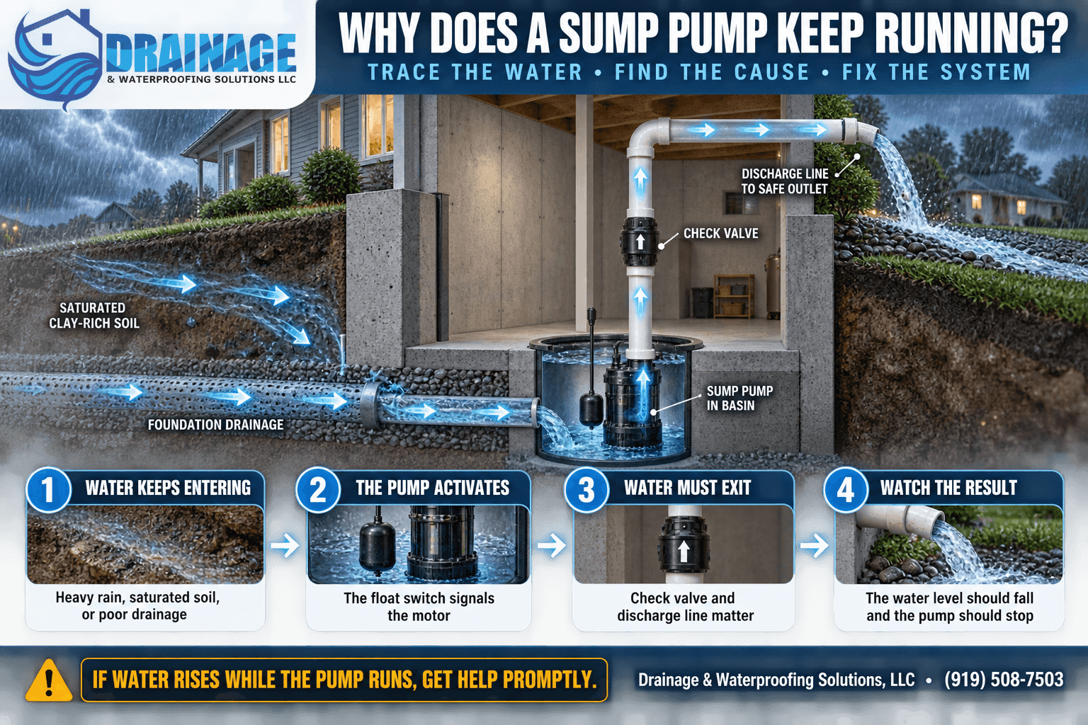 Infographic explaining why a sump pump runs constantly, including heavy rain, float switch problems, short cycling, backflow, and rising water