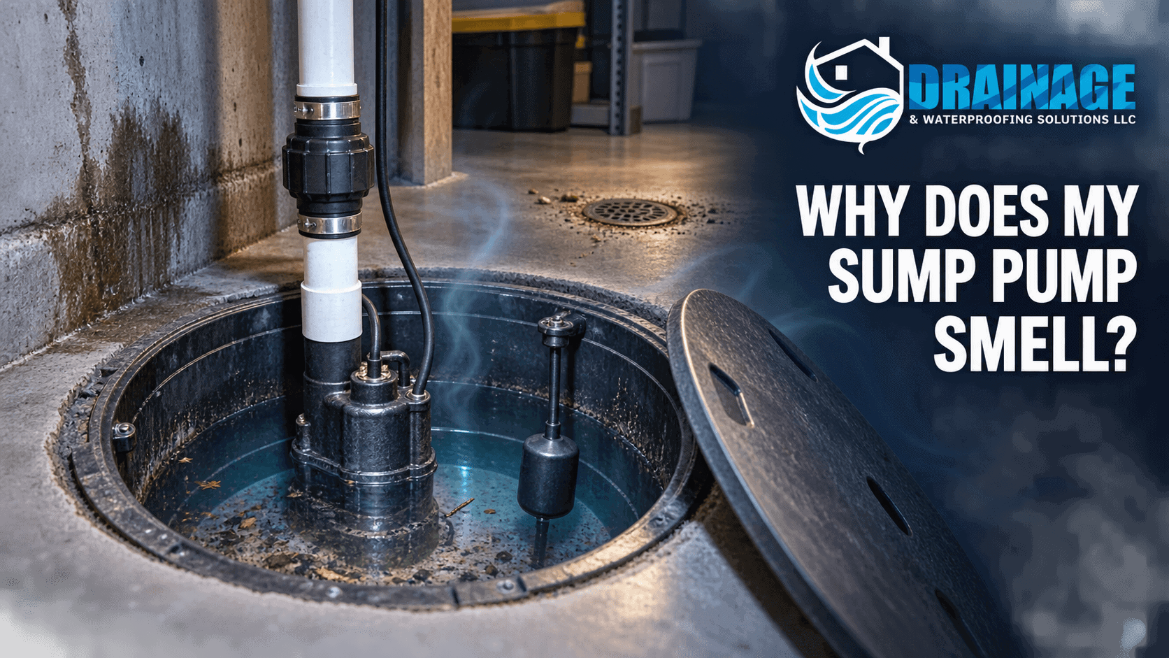 Open sump pit showing stagnant water and debris that may contribute to a sump pump smell