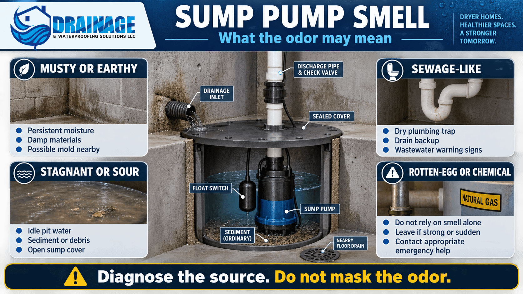 Sump pump smell infographic explaining musty, stagnant, sewage-like, rotten-egg and chemical odors