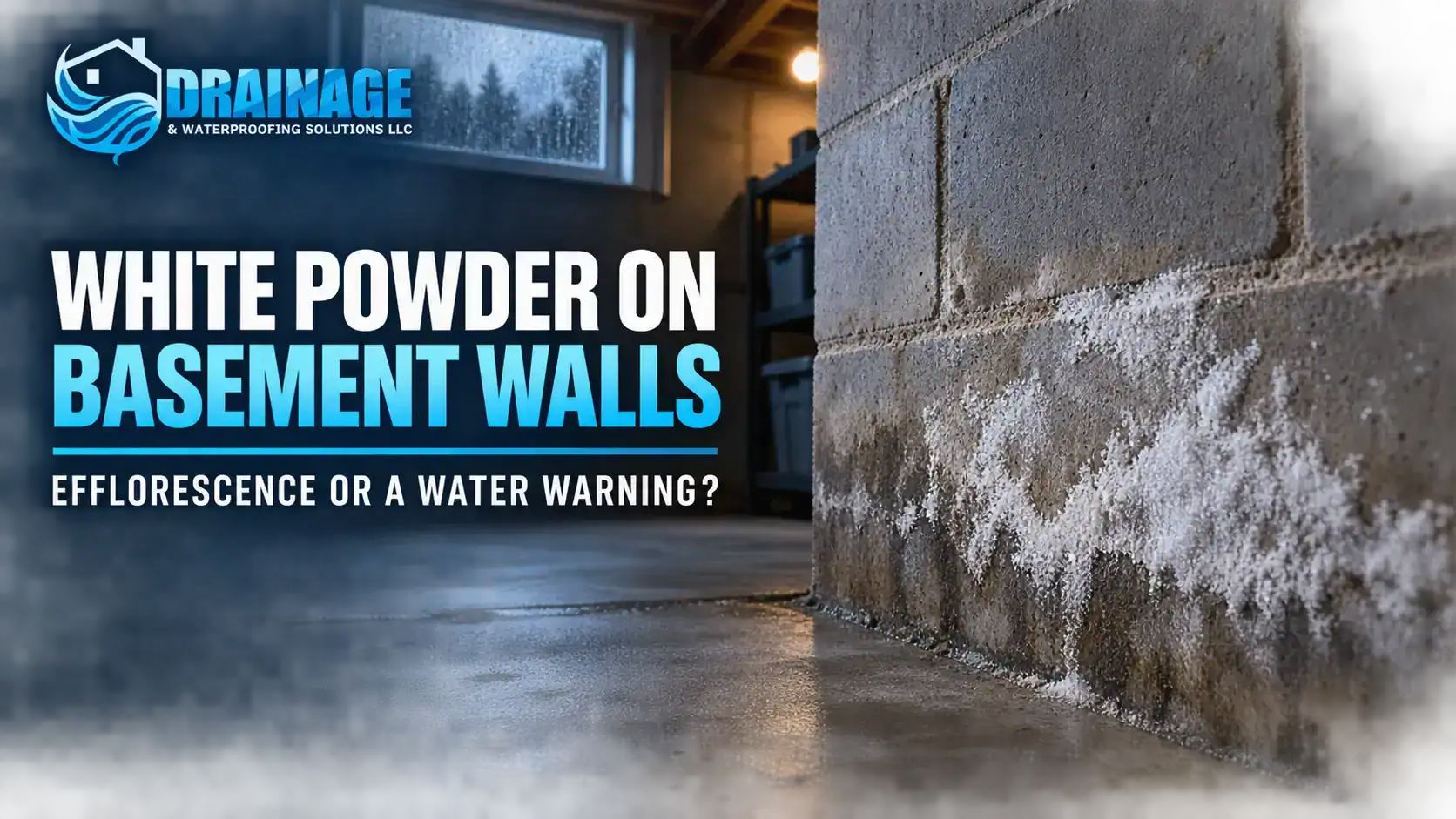 White powder on basement walls caused by efflorescence and moisture moving through a concrete-block foundation wall.