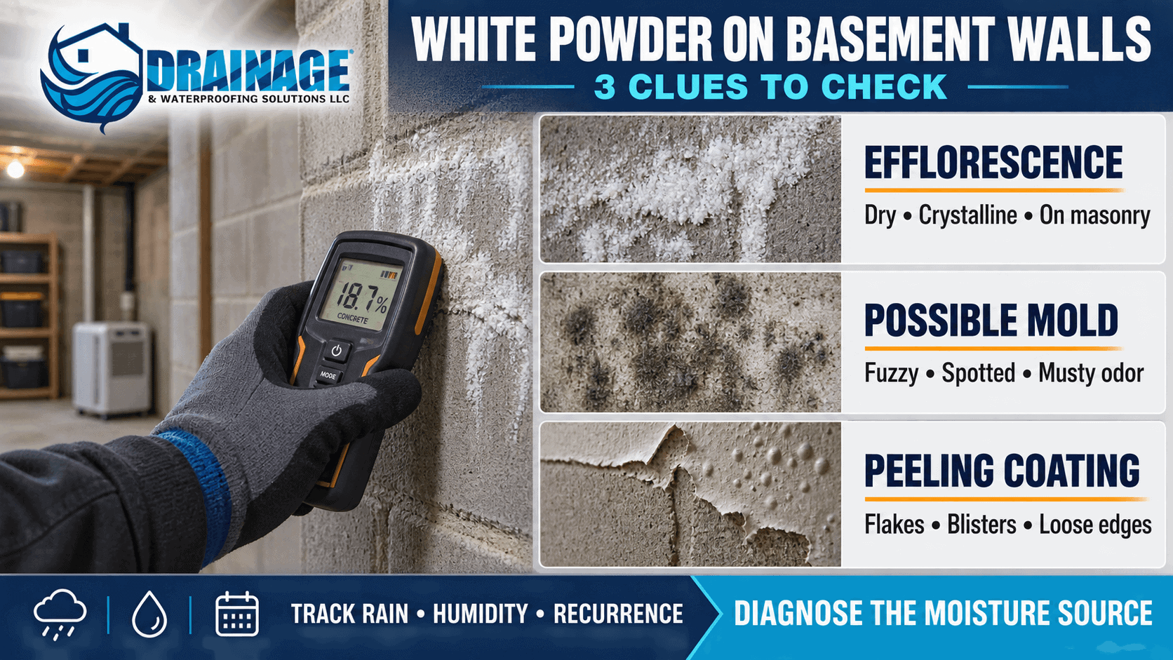 White powder on basement walls infographic showing how roof runoff, saturated soil, and moisture moving through masonry create efflorescence