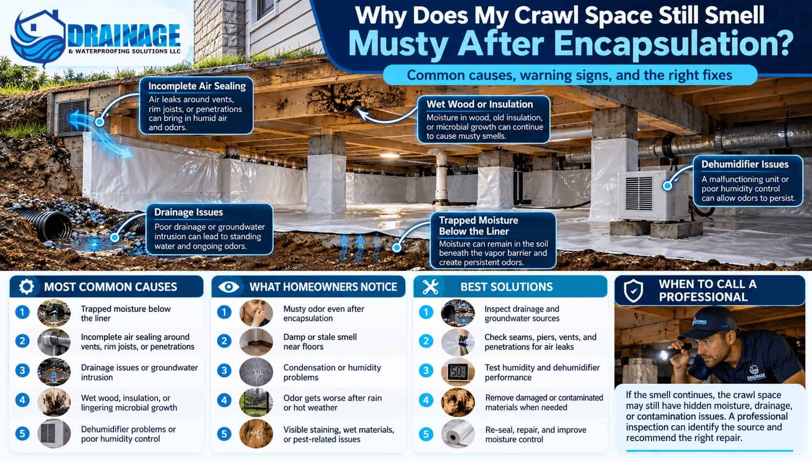 Crawl space musty odor after encapsulation infographic showing air leaks, damp framing, water intrusion, vapor barrier defects and humidity-control problems