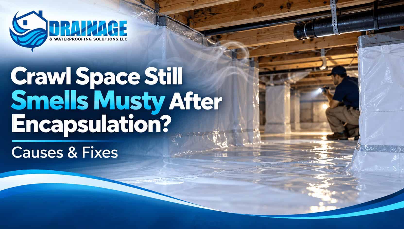 Encapsulated crawl space with sealed vapor barrier and technician inspecting possible causes of a lingering musty smell