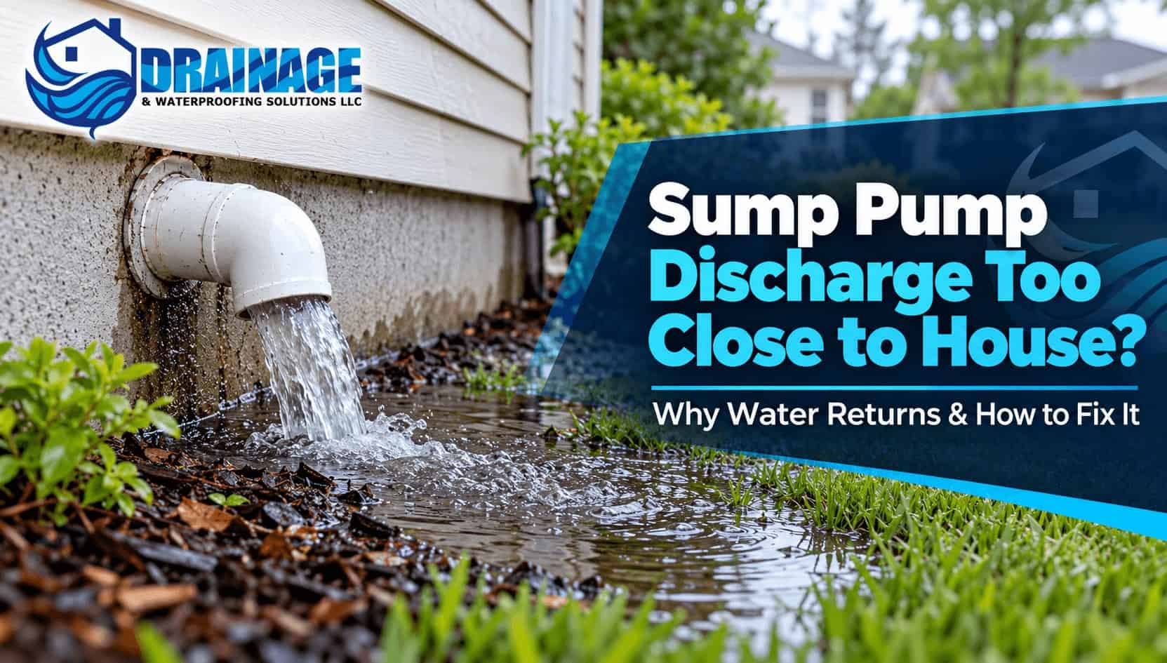 Sump pump discharge pipe releasing water too close to a residential foundation, causing pooling along the house