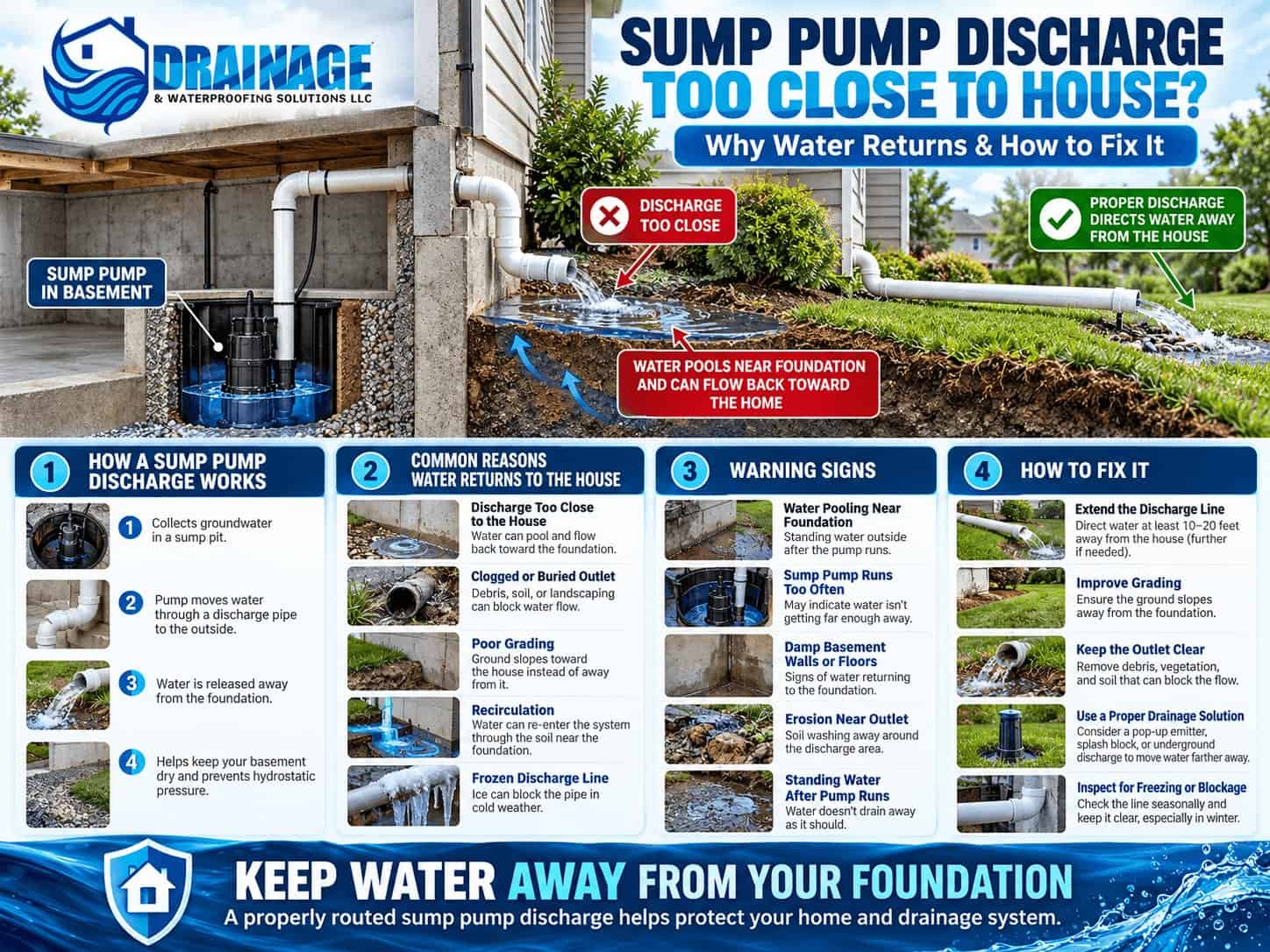 Sump pump discharge infographic comparing water pooling at a foundation with properly routed discharge, including outlet blockages, recirculation, grading and repairs