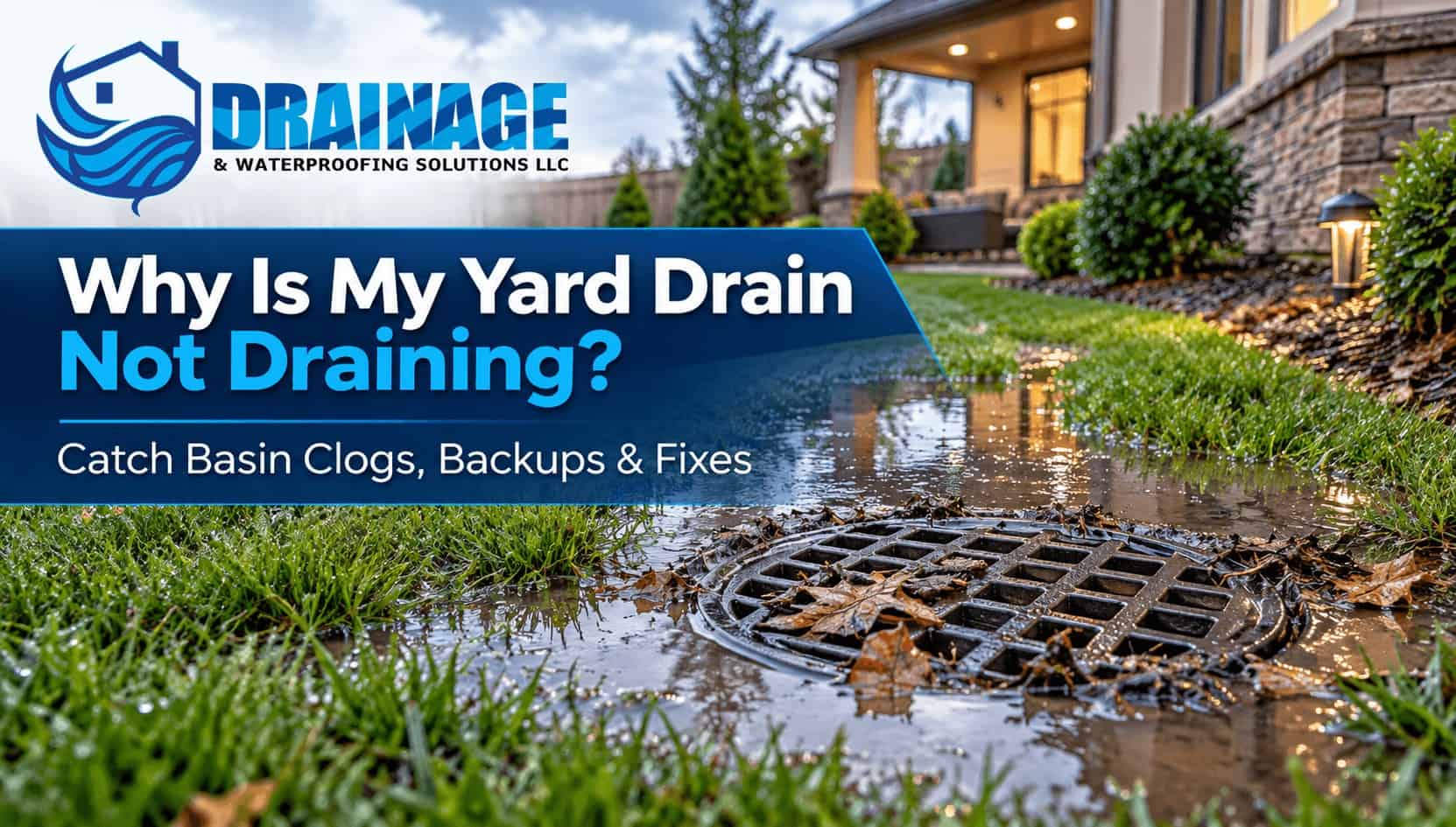Yard drain not draining after rain, with standing water and leaves around a clogged catch basin grate in a residential lawn