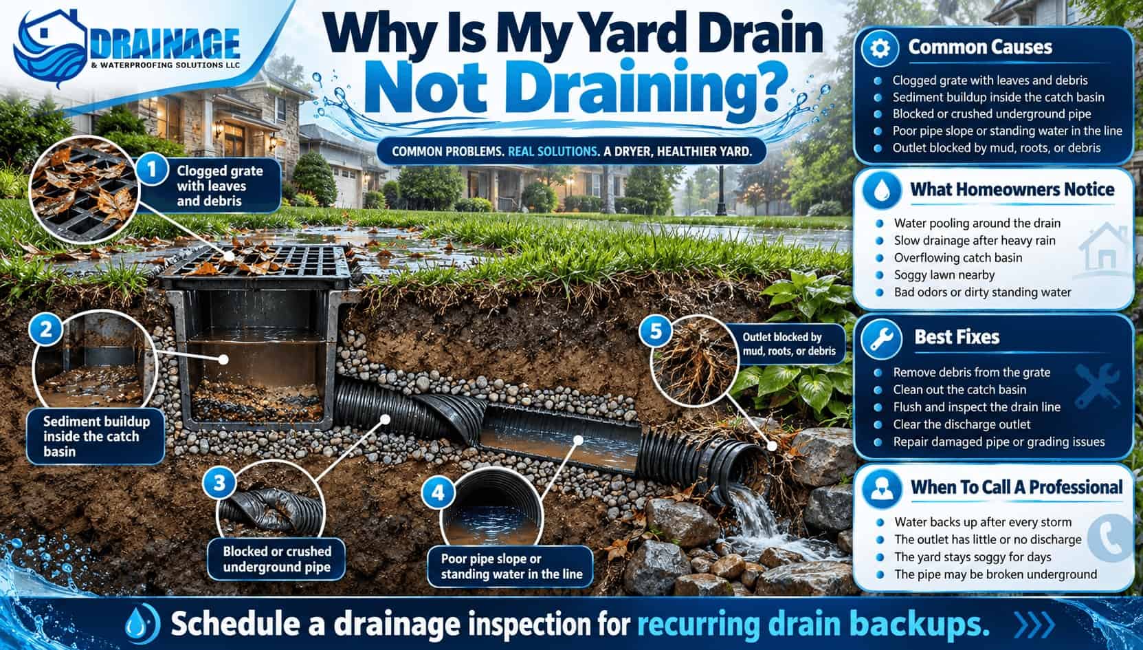 Yard drain not draining infographic showing clogged grate, sediment-filled catch basin, damaged underground pipe, improper slope and blocked outlet